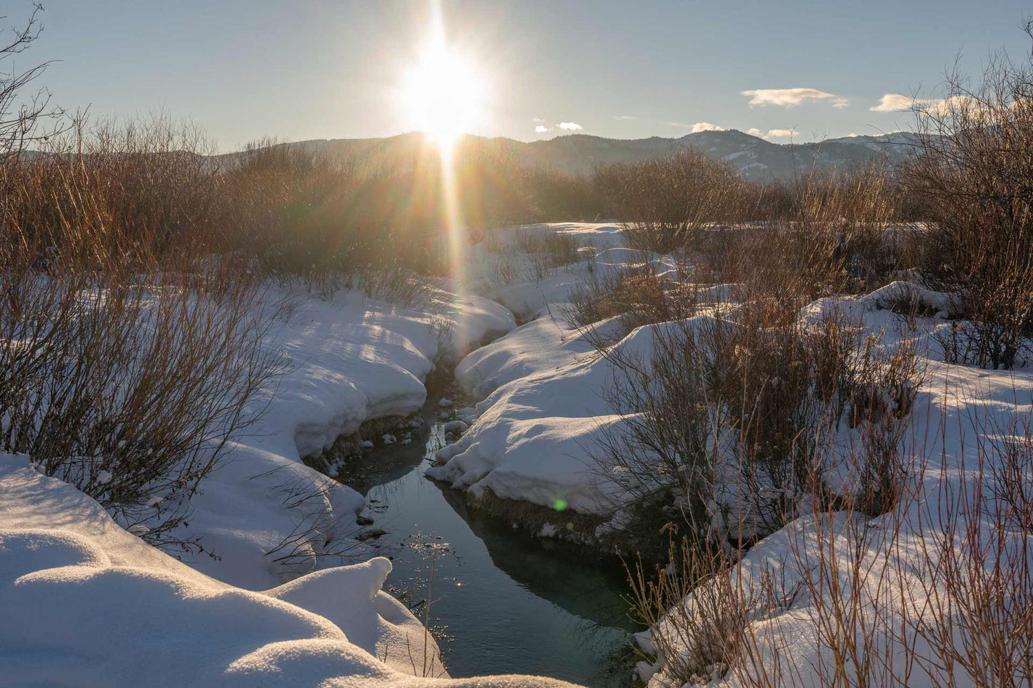 Winter sun rising over a snow-covered creek winding through the meadow