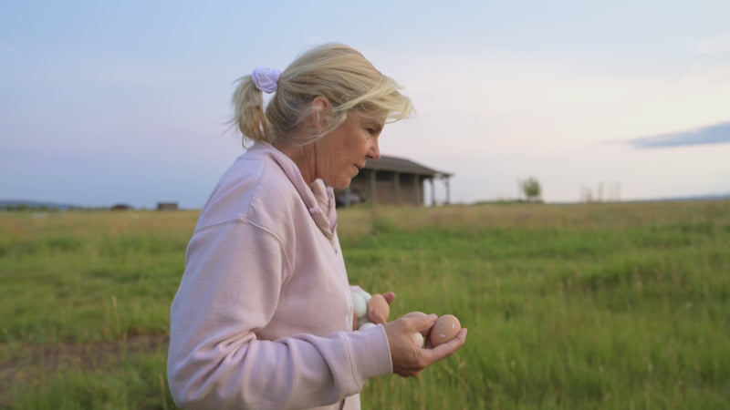 Location and land — Sandy Hessler looks out over the valley at sunset, with aerial views of the creek winding through the meadow and the Teton foothills beyond